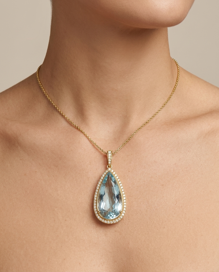14KT Yellow Gold Aquamarine and Diamonds Pendant on model