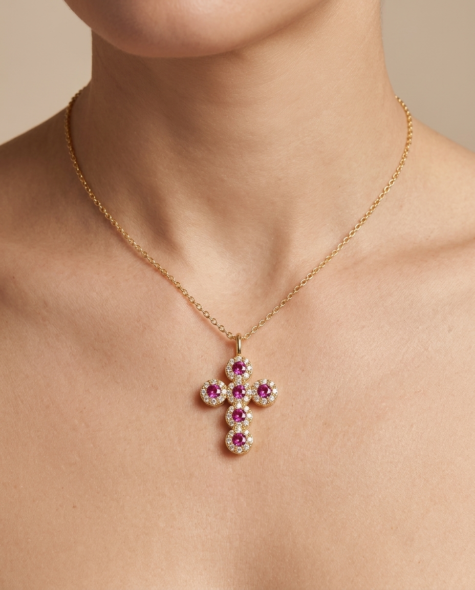14KT Yellow Gold Cross Pendant Pink Sapphire and Diamonds on model