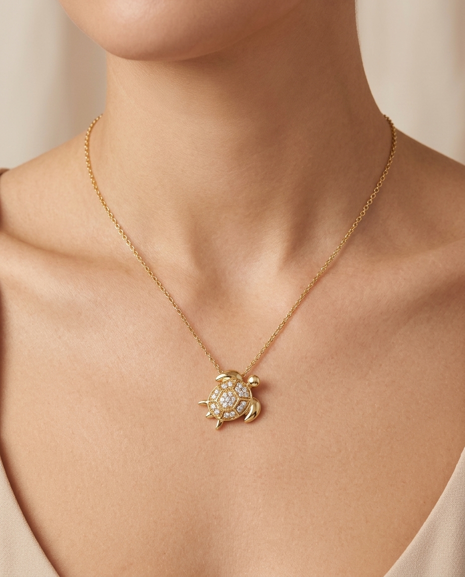 18KT Yellow Gold Diamond Turtle Pendant on model