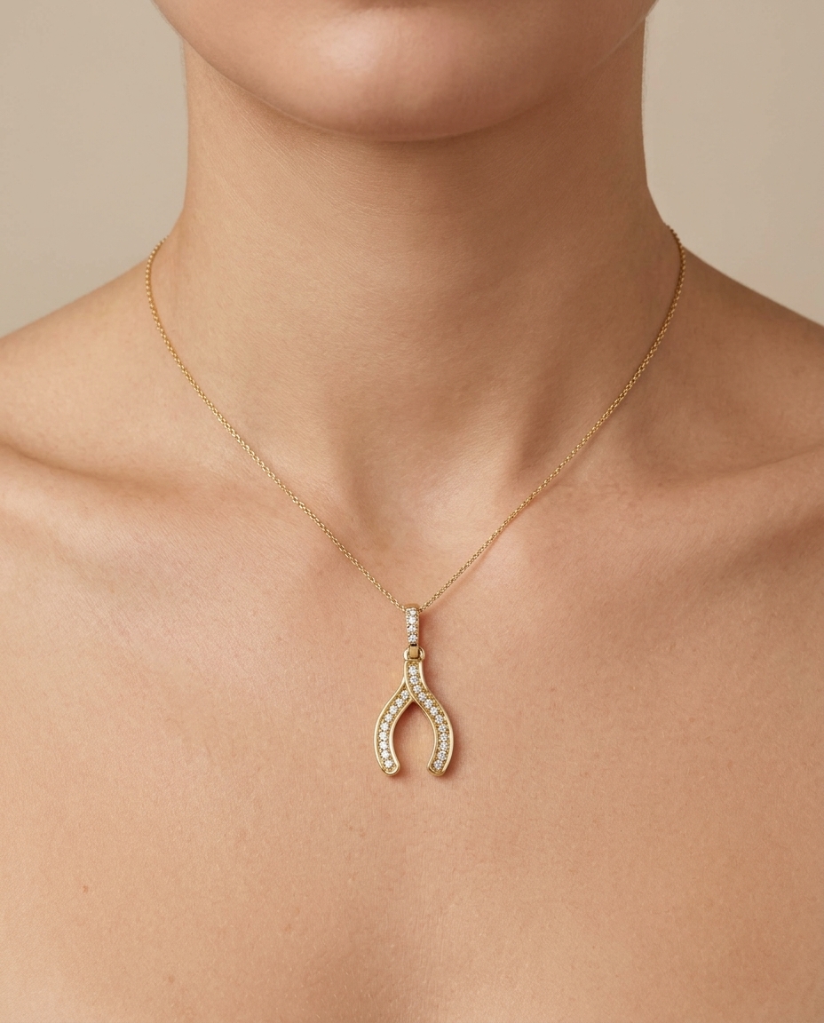 18KT Yellow Gold Diamond Wish Bone Pendant on model