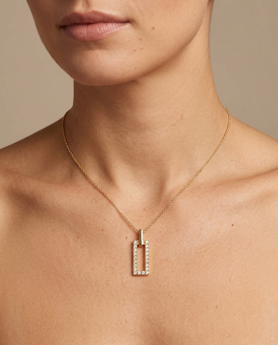 18KT Gold Diamond Paper Clip Pendant on model