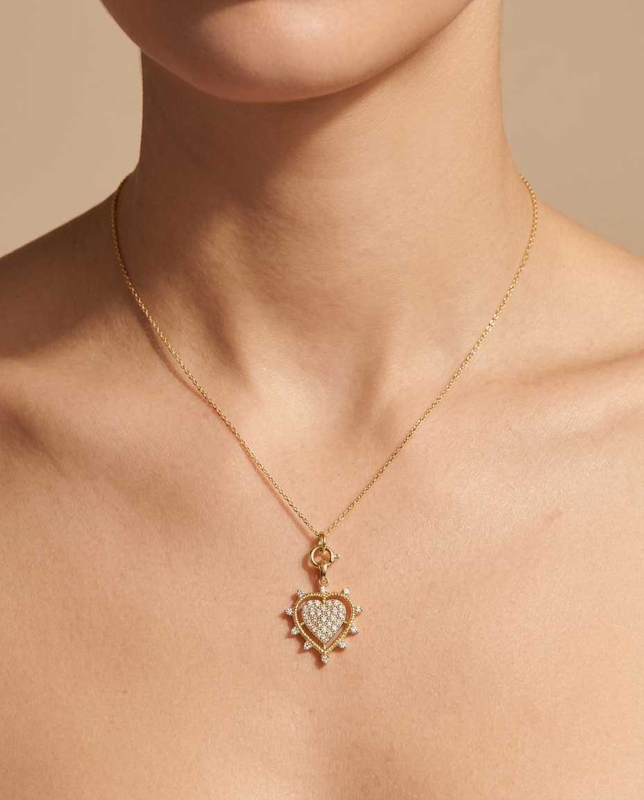 14KT Gold Heart Pandent with Diamonds on model