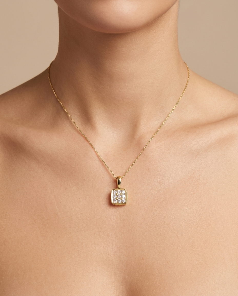 14KT Gold Diamonds in Square Pendant on model