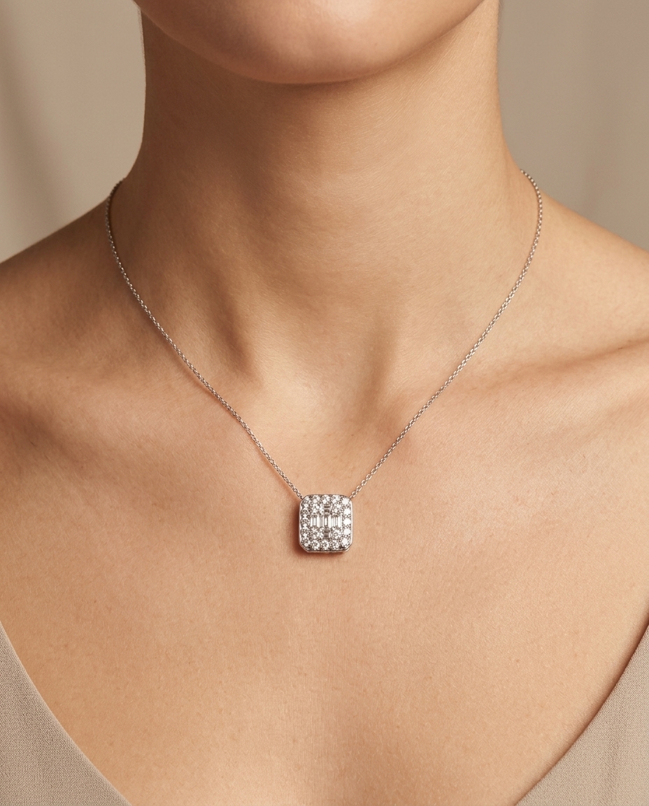 18KT White Gold Diamond Pendent on model