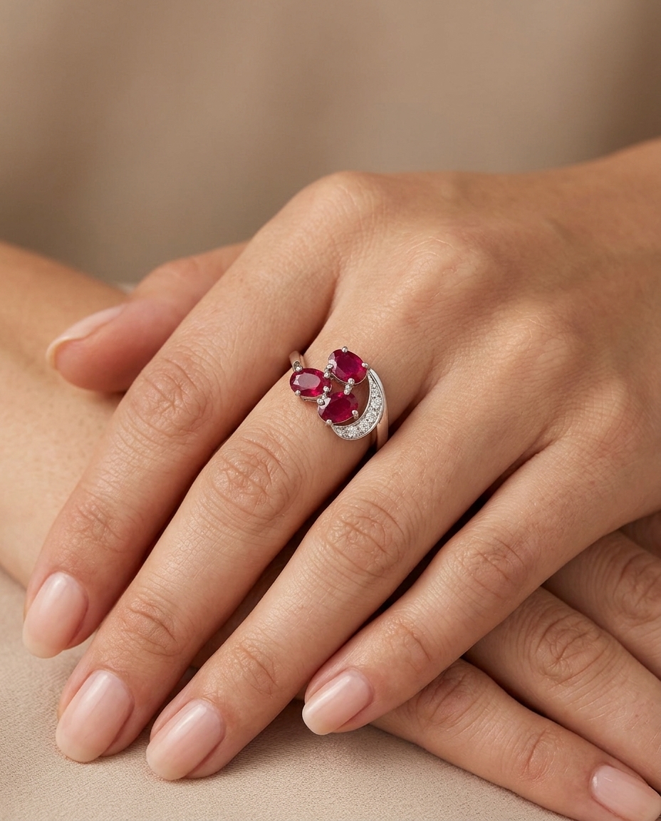 18KT Gold Ruby and Diamonds Ring on model