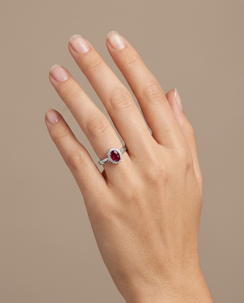 18KT White Gold Ruby and Diamonds Ring on model