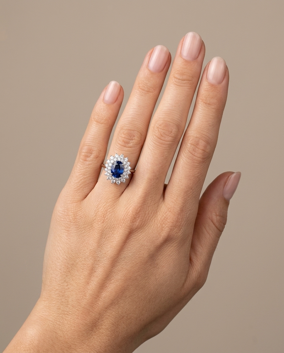 18KT White Gold Sapphire and Diamonds Ring on model