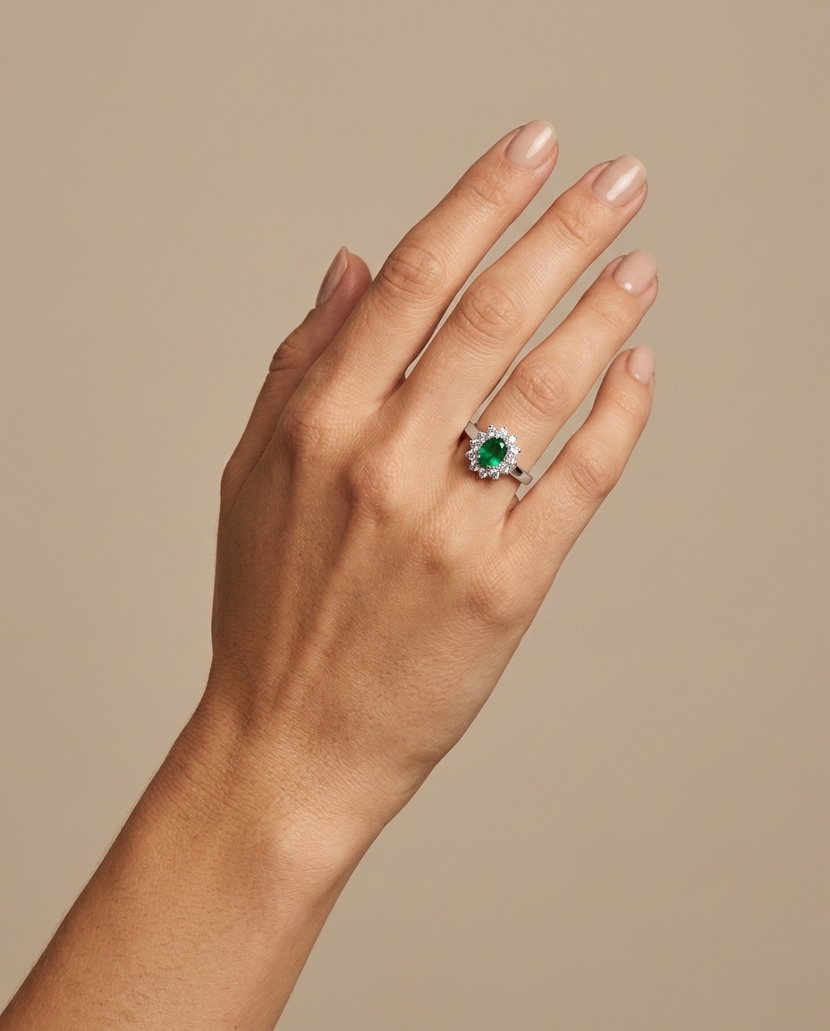 18KT White Gold Emerald and Diamonds Ring on model