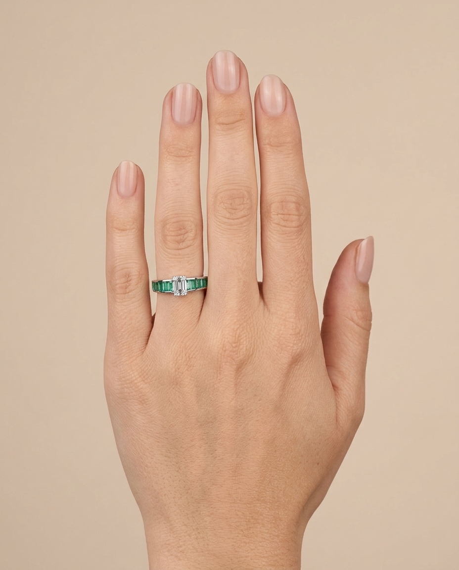 14KT White Gold Emerald with Diamonds Ring on model