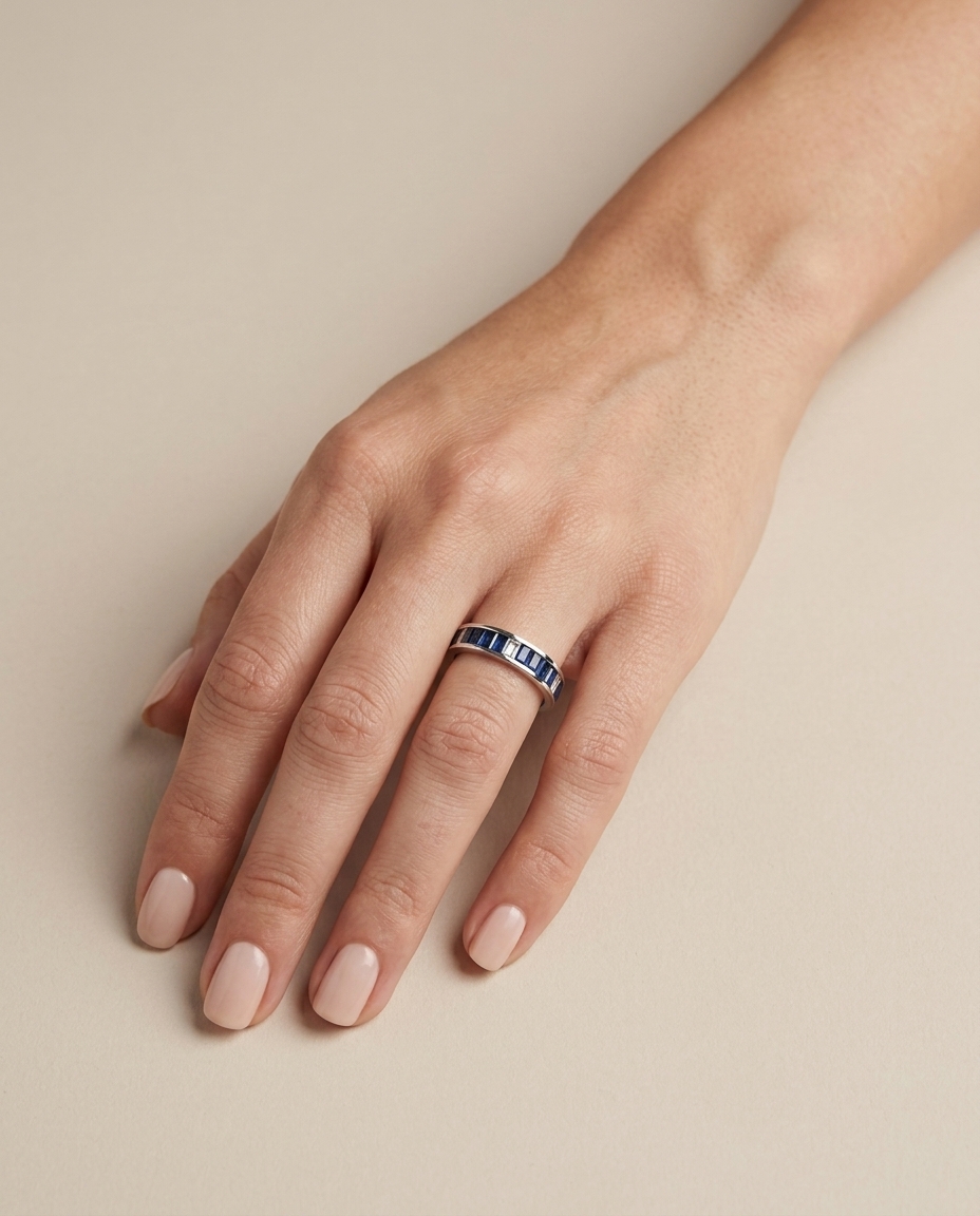 18KT White Gold Ring with Baguette Sapphire and Diamonds on model