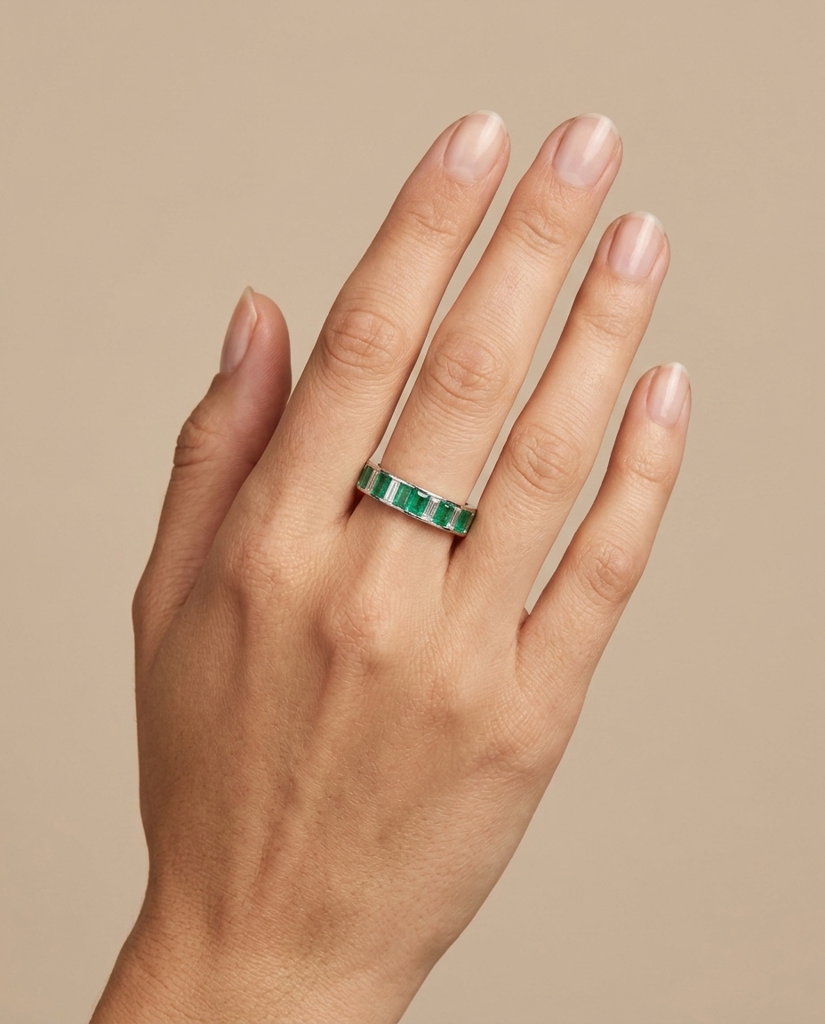 18KT White Gold Ring with Baguette Emerald and Diamonds on model