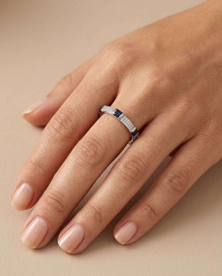 18KT Gold Blue Sapphire Ring on model