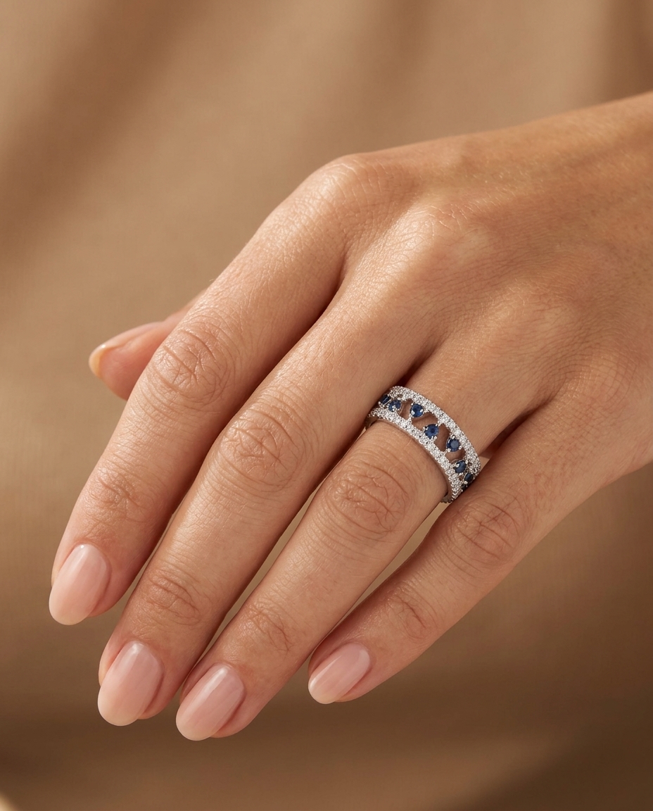 18KT Gold Blue Sapphire Ring on model