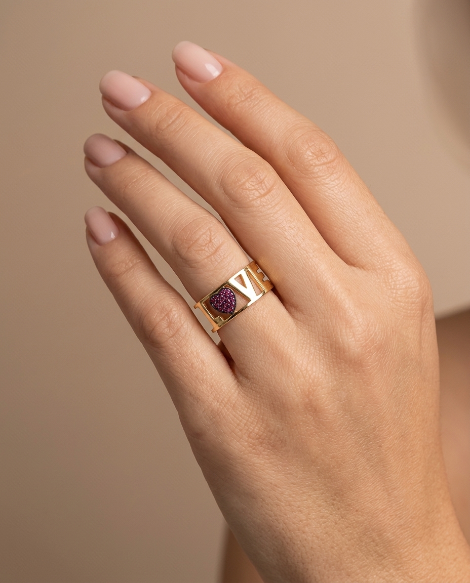 18KT Gold Ruby Love Ring on model