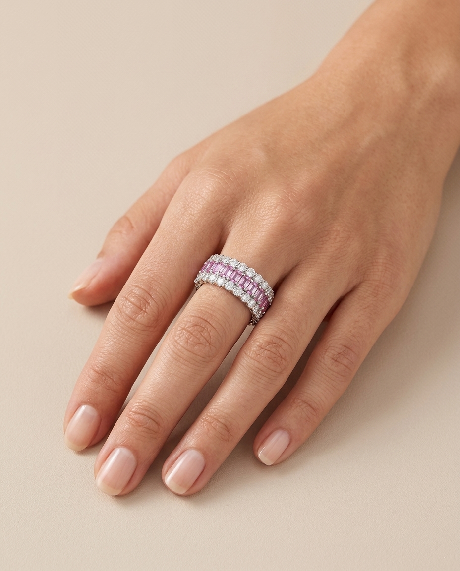14KT White Gold Pink Sapphire Diamond Ring on model