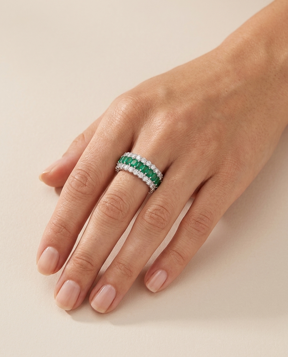 14KT White Gold Emerald Diamond Ring on model