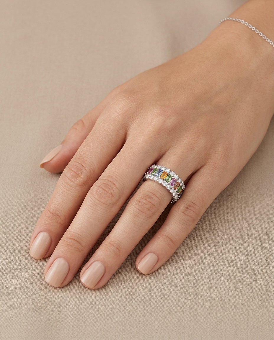 14KT White Gold Multi Sapphire Diamond Ring on model