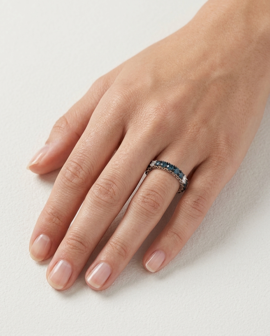 14KT White Gold Blue Diamond and Diamon Ring on model