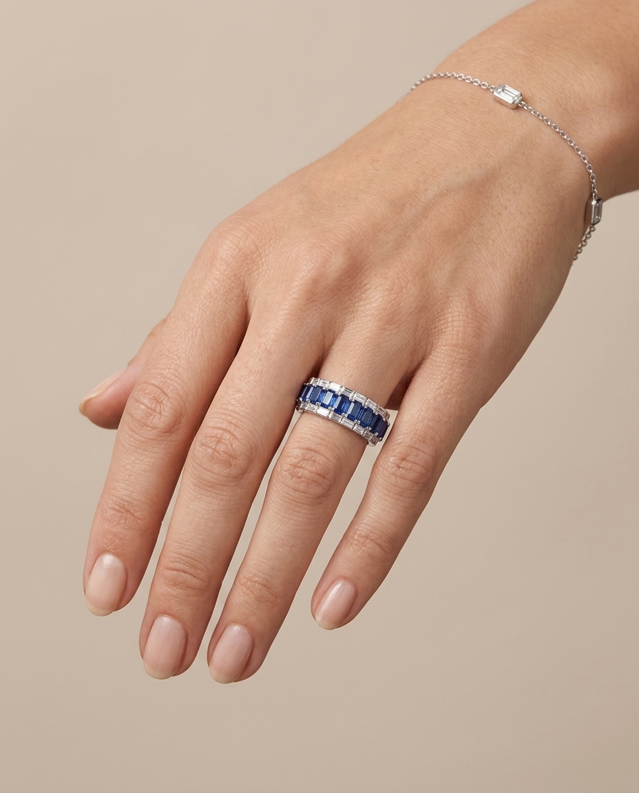 14KT White Gold Sapphire and Diamonds Ring on model