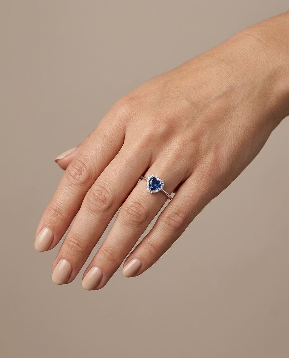 18KT White Gold Heart Shaped Sapphire and Diamonds Ring on model