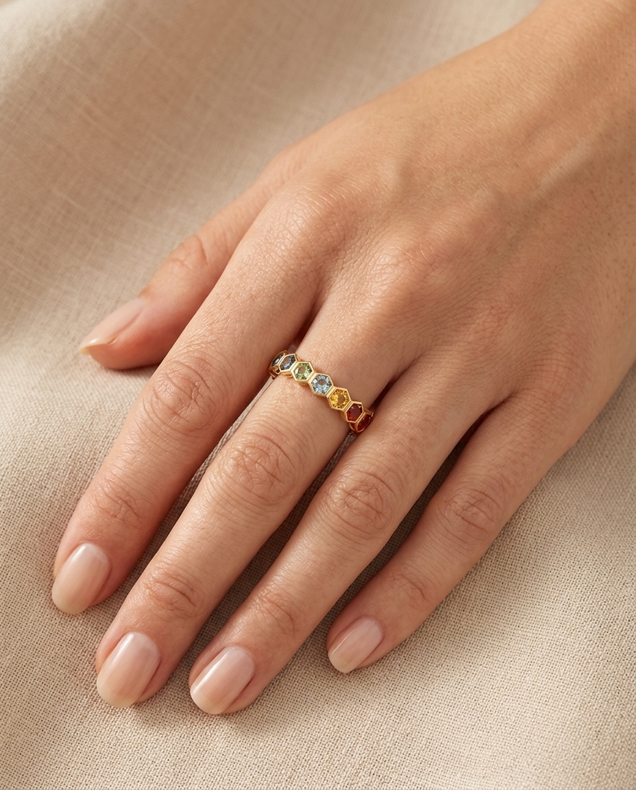 14KT Gold Multi Sapphire Ring on model