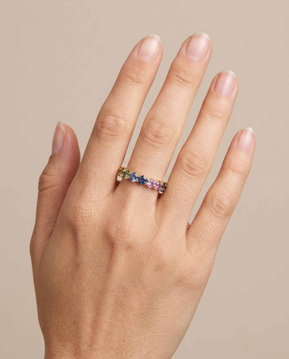 14KT Yellow Gold Multi Sapphire Ring on model