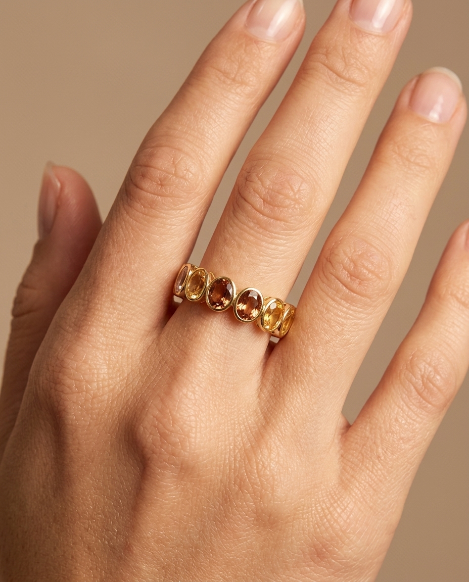 14KT Gold Multi Sapphire Ring on model