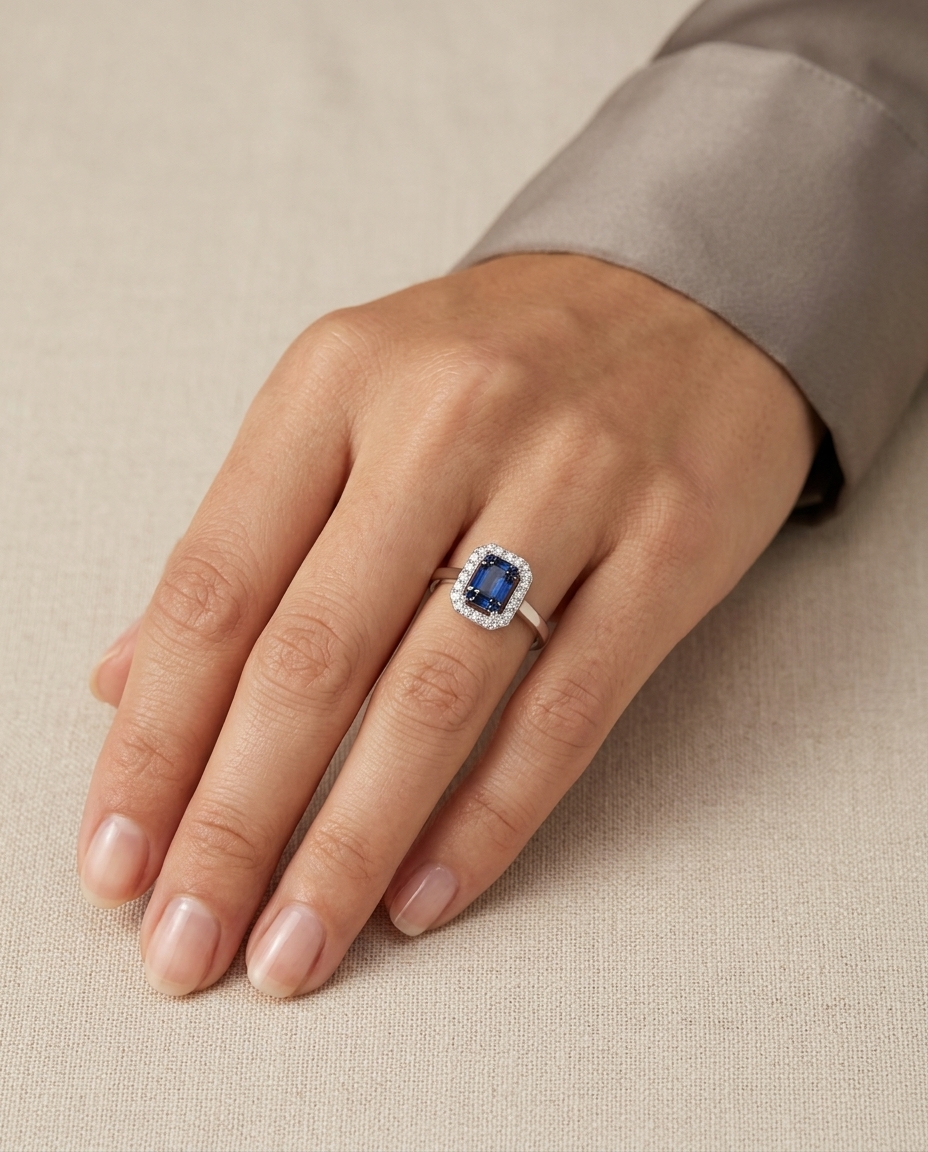 18KT White Gold Sapphire and Diamonds Ring on model