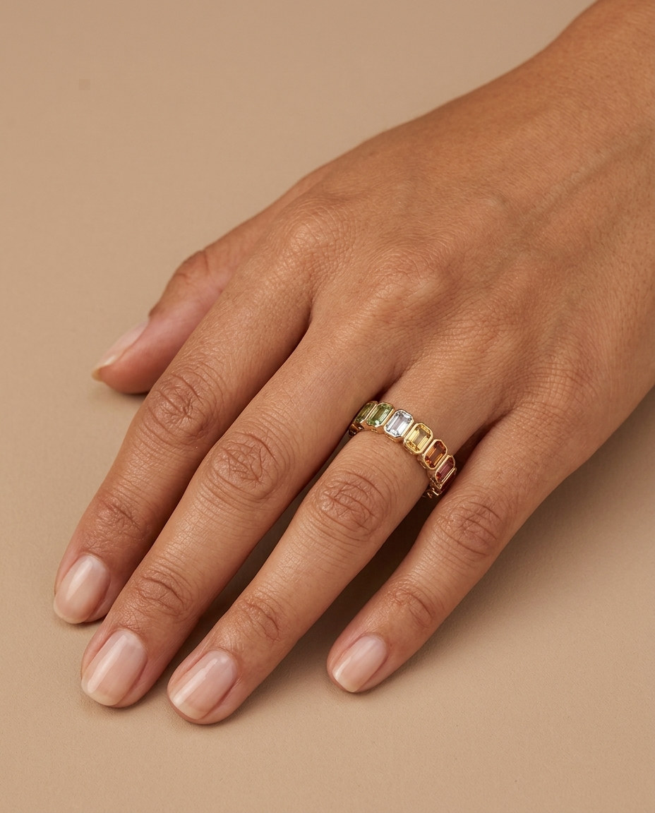 14KT Gold Multi Sapphire Ring on model