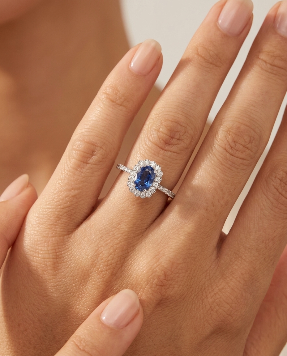 14KT White Gold Ceylon Sapphire and Diamonds Ring on model