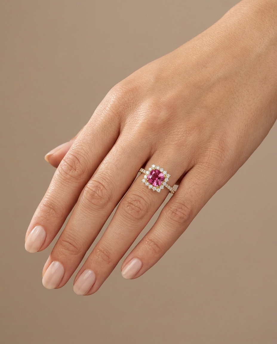 14KT Yellow Gold Pink Tourmaline and Diamonds Ring on model