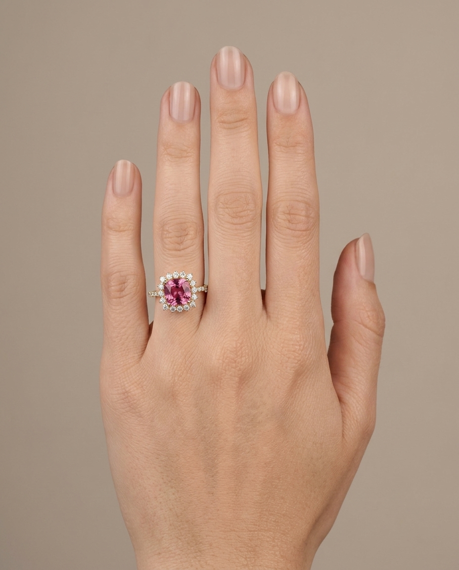 14KT Yellow Gold Pink Tourmaline and Diamonds Ring on model