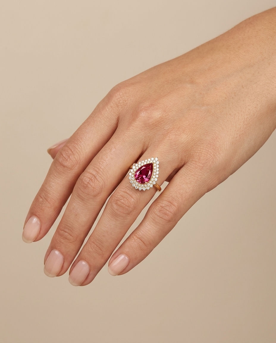 14KT Yellow Gold Pink Tourmaline and Diamond Ring on model