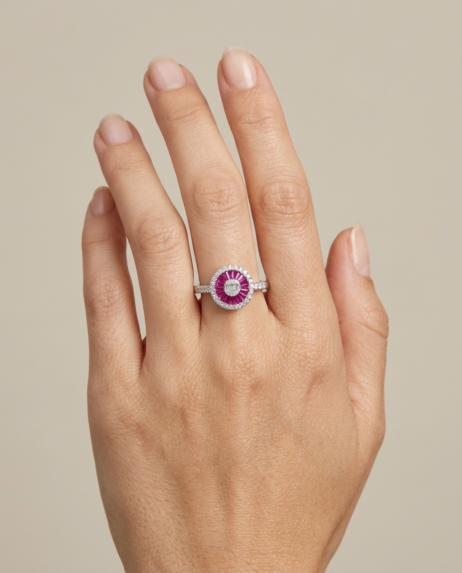 14KT White Gold Ruby and Diamonds Round Ring on model