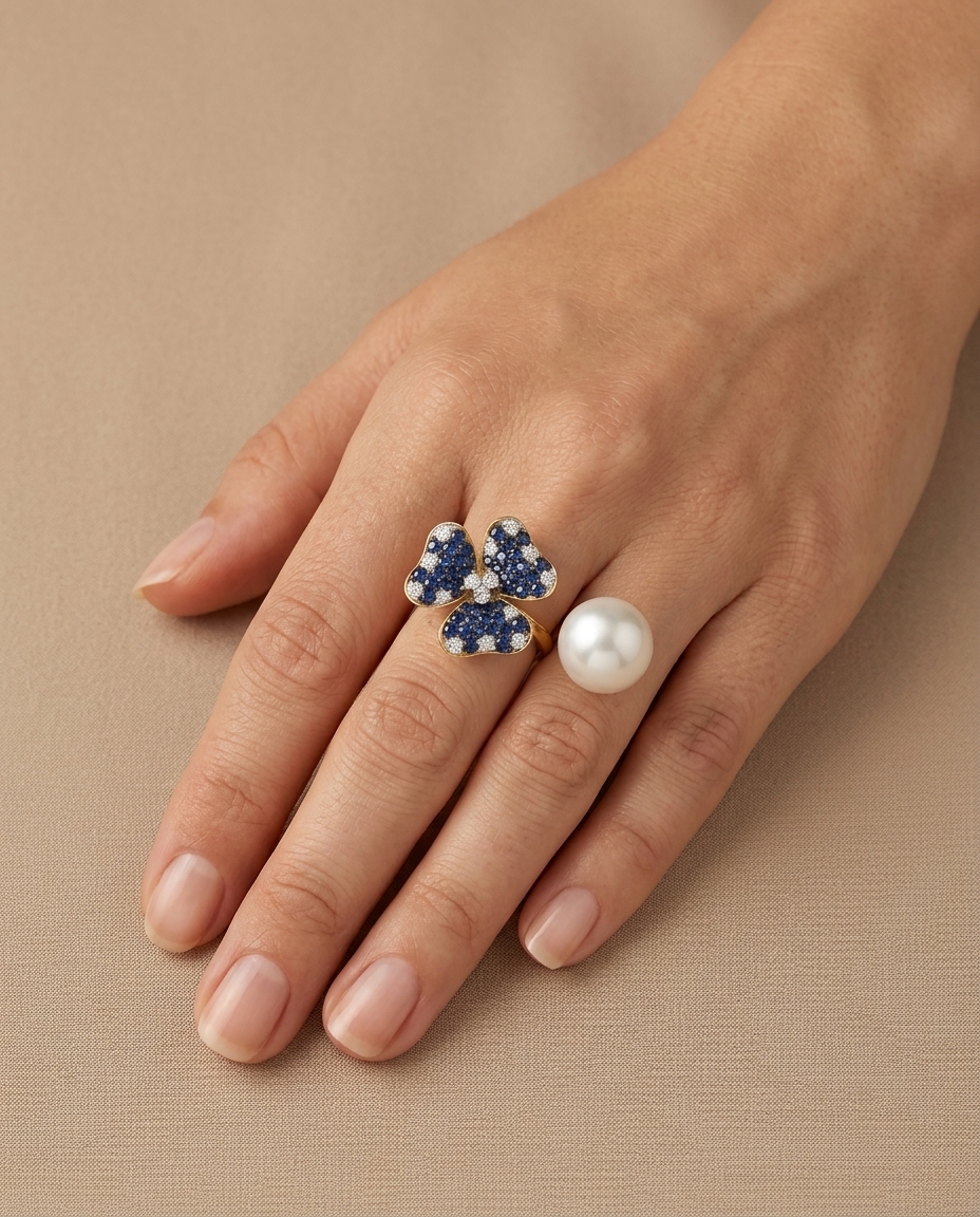 14KT Yellow Gold PEARL, Sapphire and Diamond Ring on model