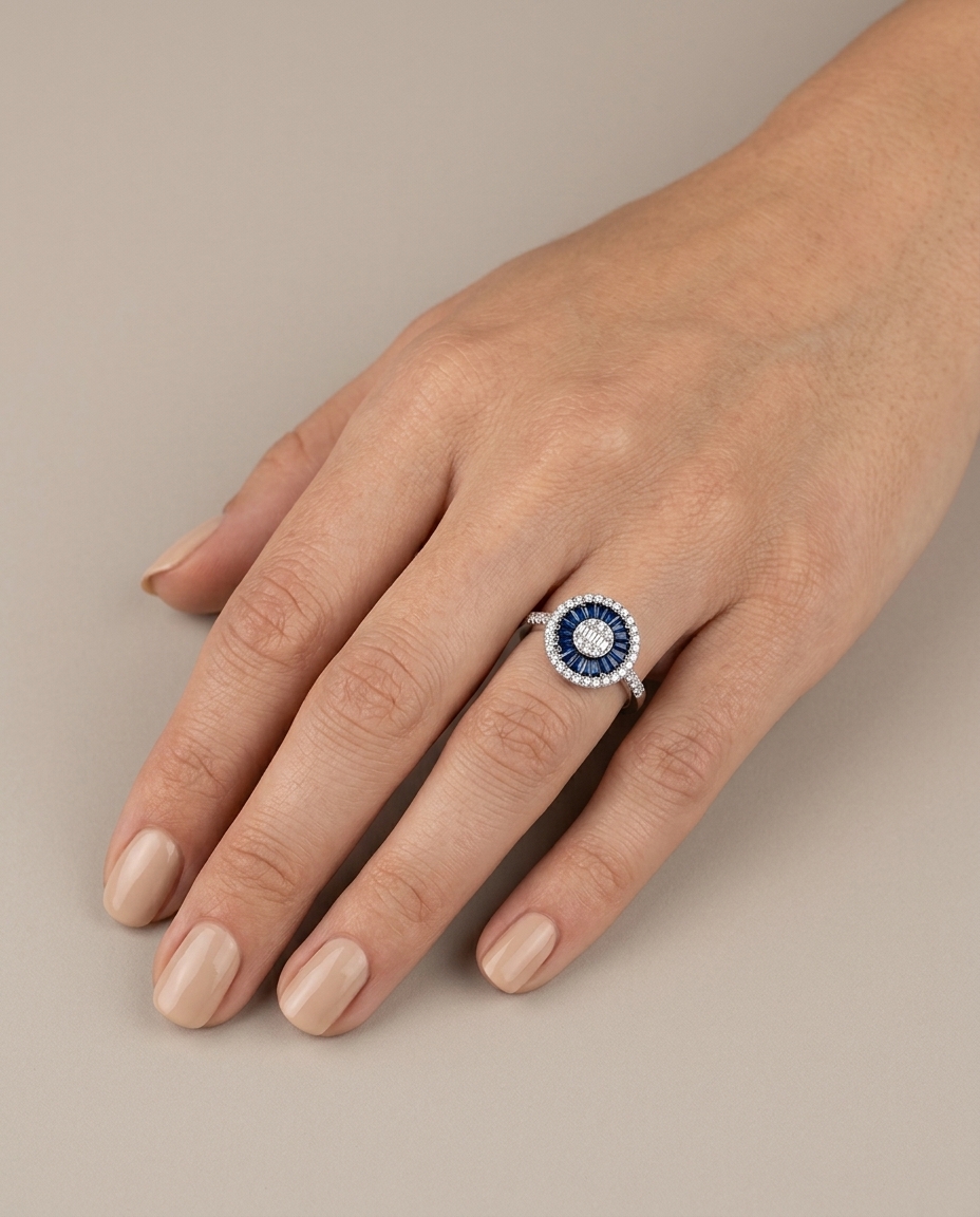 14KT White Gold Blue Sapphire and Diamonds Round Ring on model