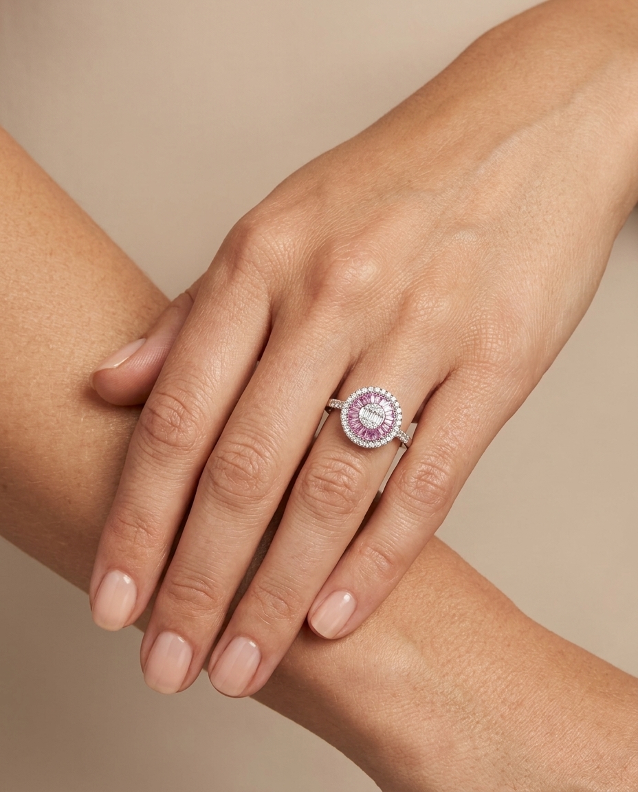 14KT White Gold Pink Sapphire and Diamonds Ring on model