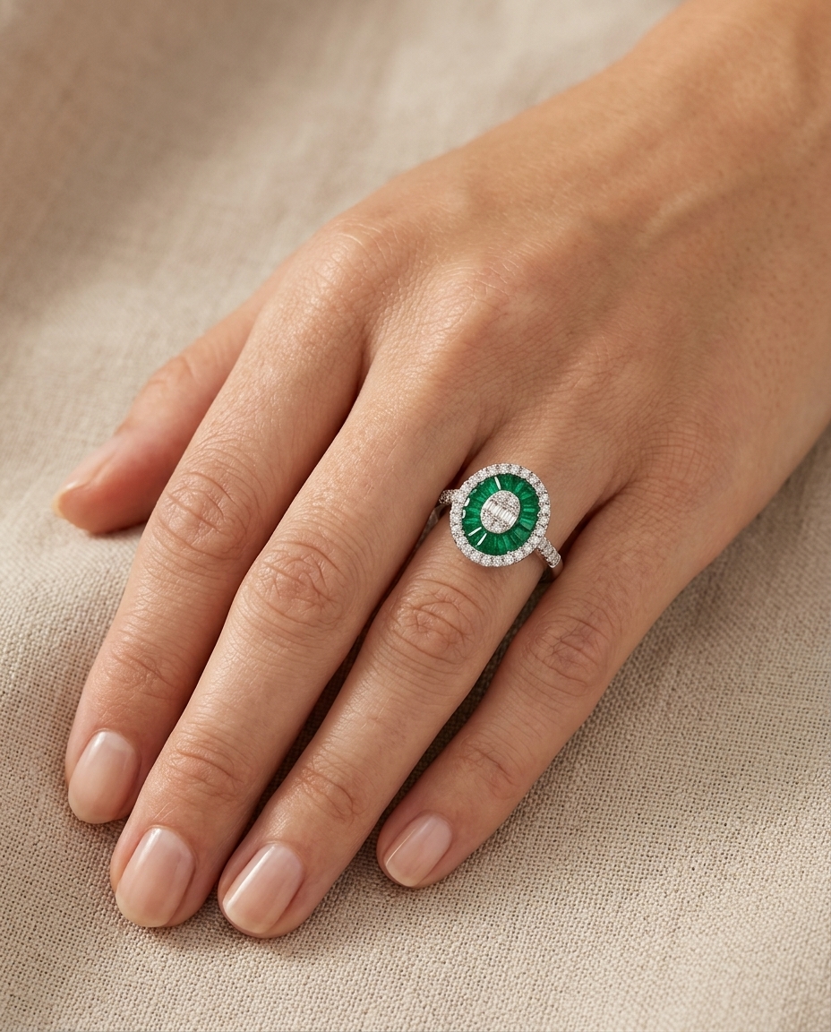 14KT White Gold Emerald and Diamonds Oval Ring on model