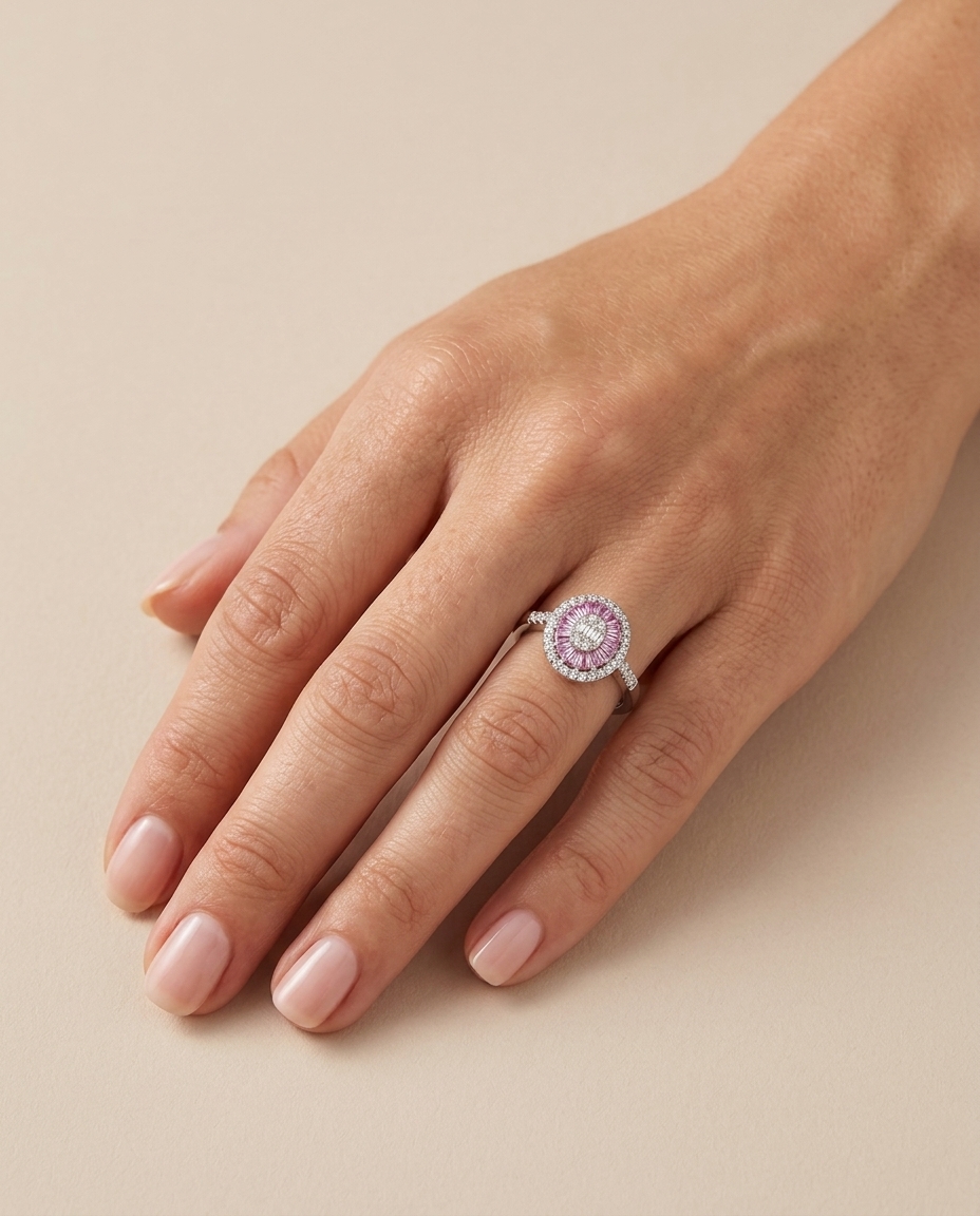 14KT White Gold Pink Sapphire and Diamonds Oval Ring on model