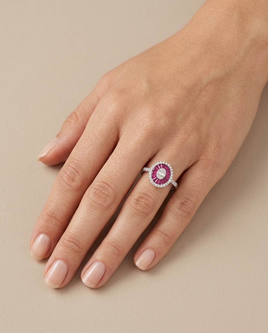 14KT White Gold Ruby and Diamonds Oval Ring on model