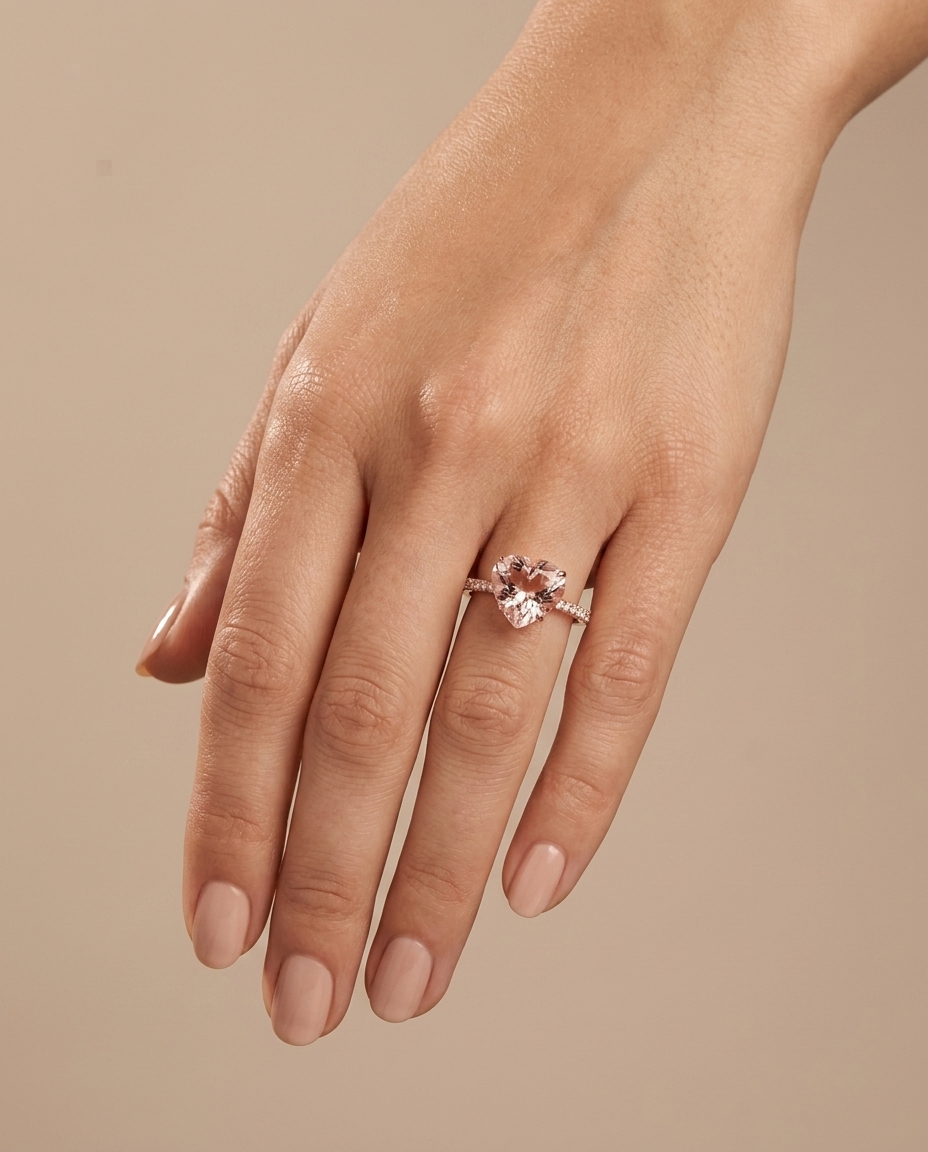 14KT Rose Gold Heart Shape Morganite and Diamonds Ring on model