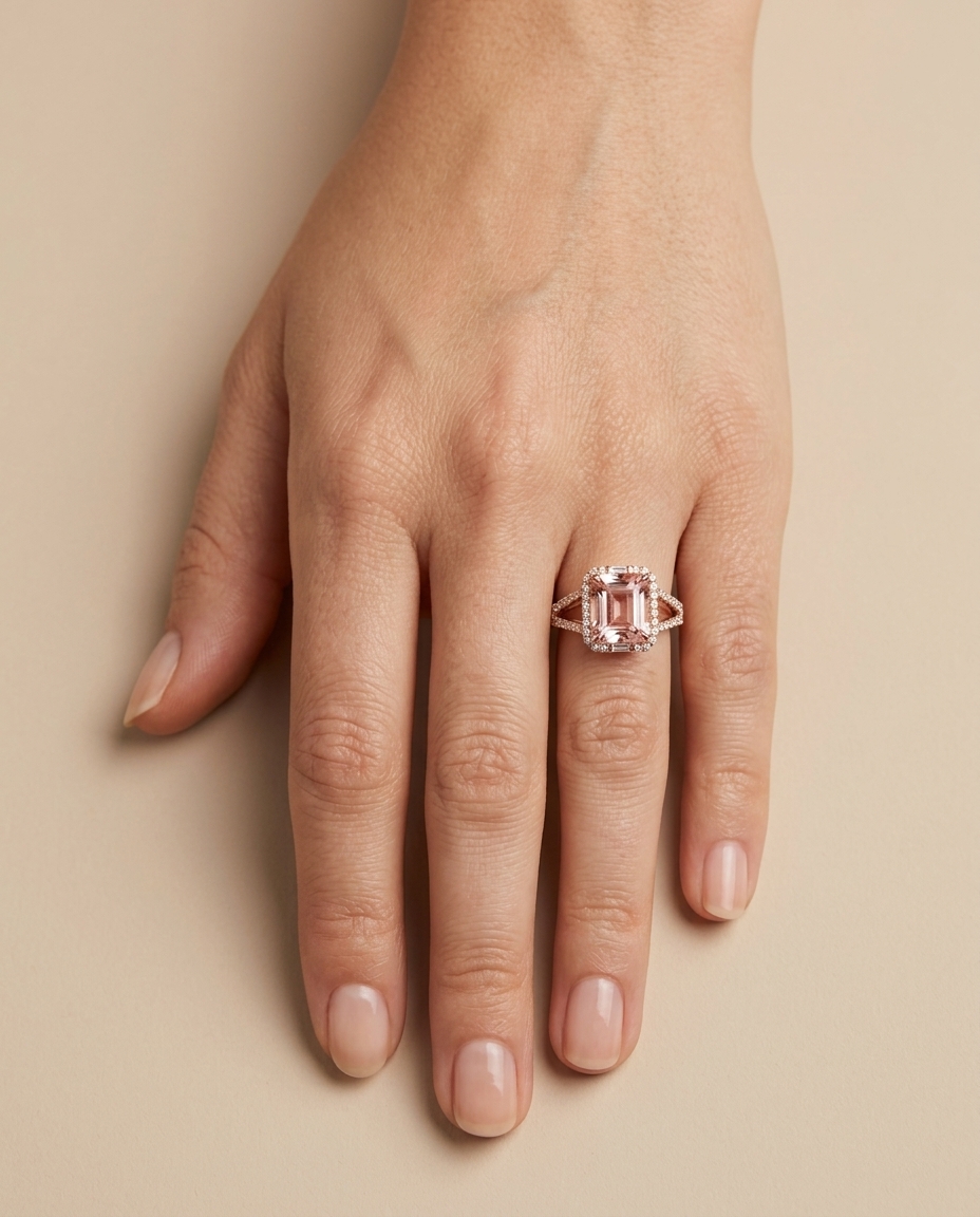 14KT Rose Gold Morganite and Diamonds Ring on model