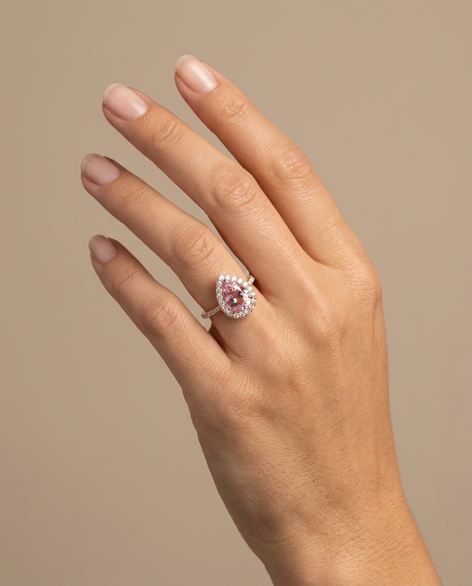 14KT Rose Gold Morganite and Diamonds Ring on model