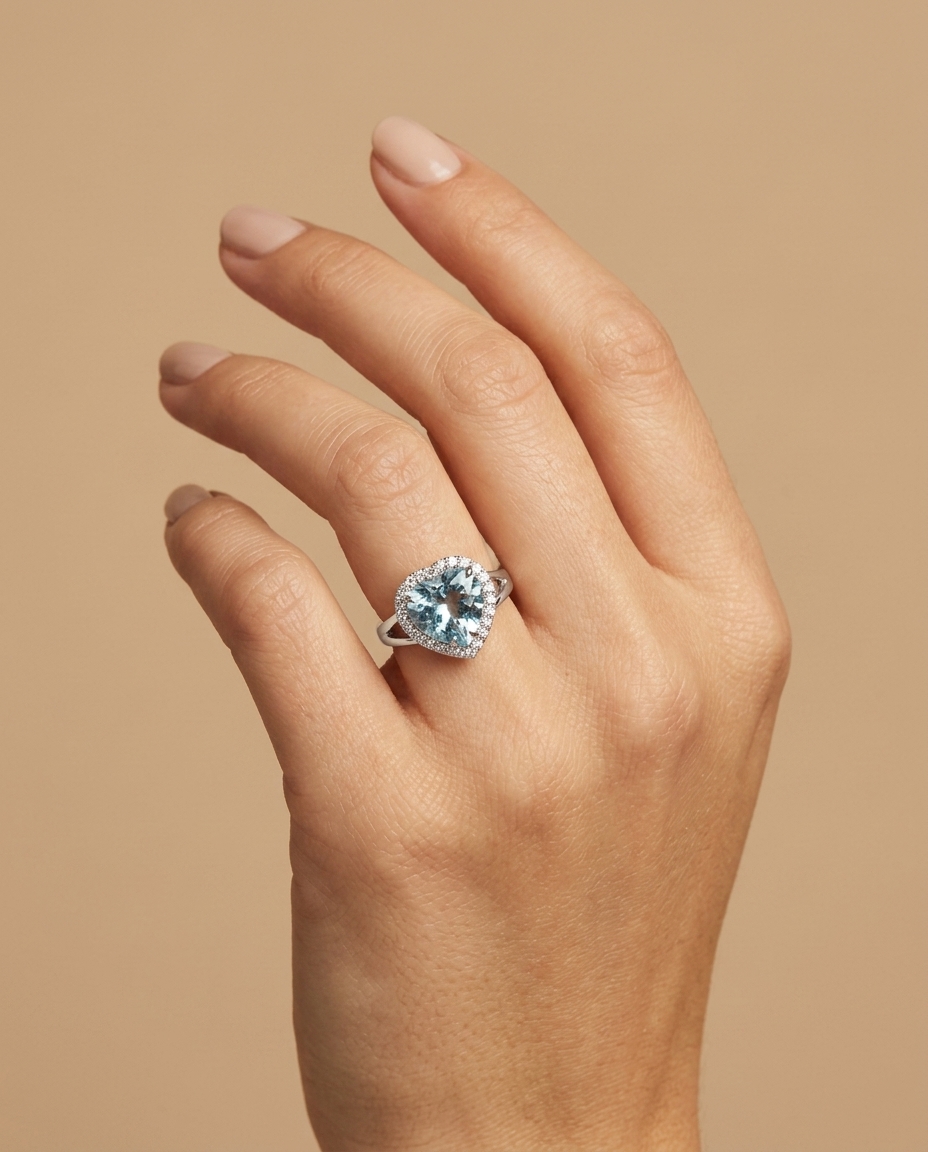 Heart Shape Aquamarine Ring with Diamonds on model