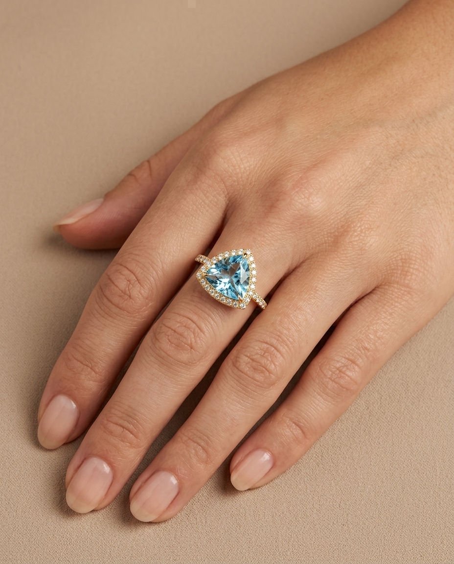 14KT Yellow Gold Aquamarine and Diamonds Ring on model
