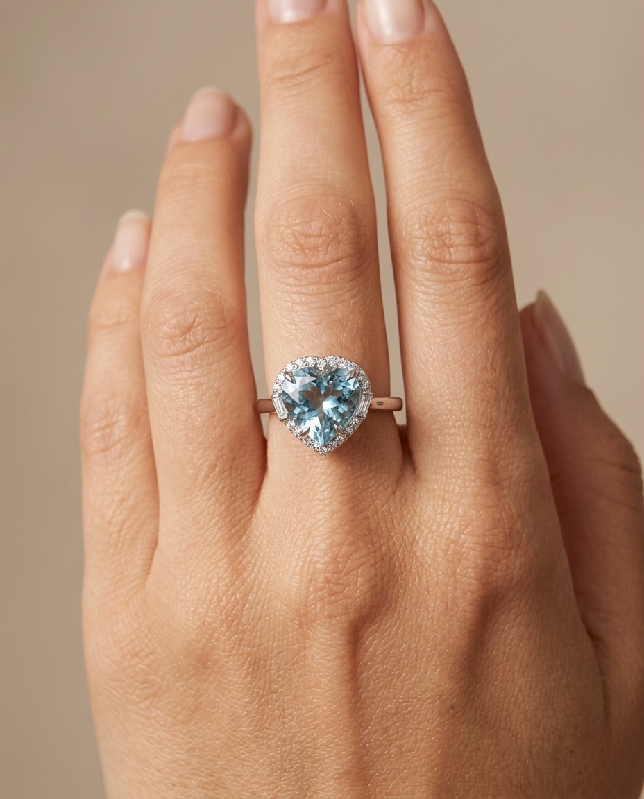 Heart Shape Aquamarine Ring with Diamonds on model