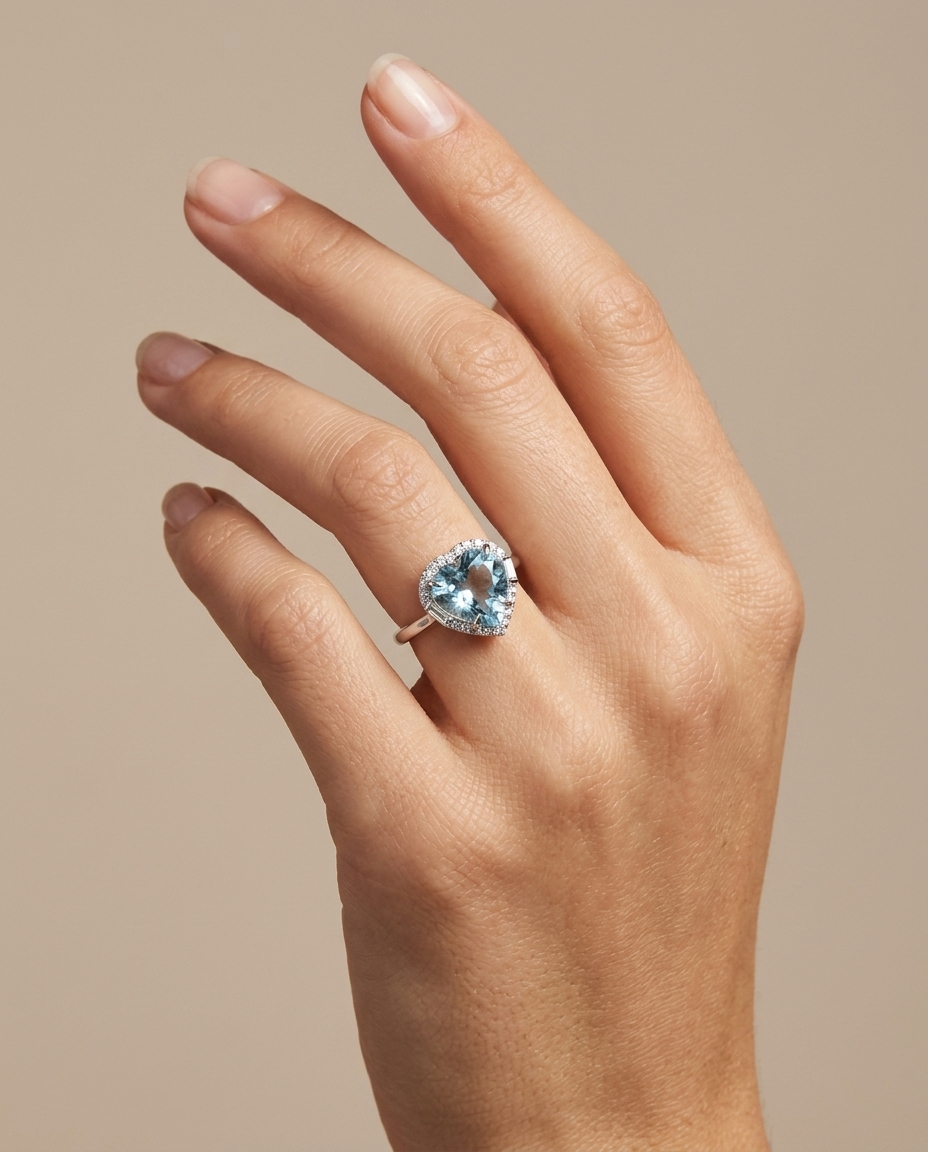 Heart Shape Aquamarine Ring with Diamonds on model