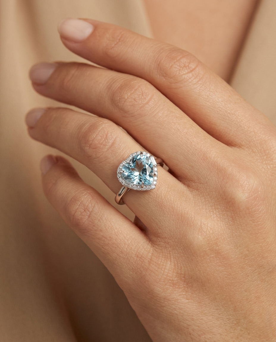 Heart Shape Aquamarine Ring with Diamonds on model