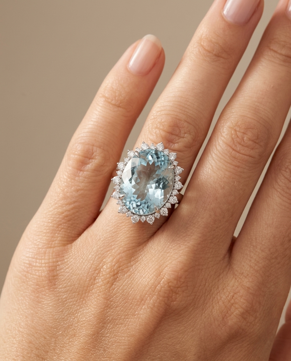 14KT White Gold Aquamarine and Diamonds Ring on model