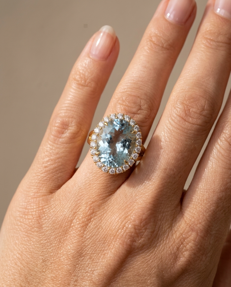 14KT Yellow Gold Aquamarine and Diamonds Ring on model